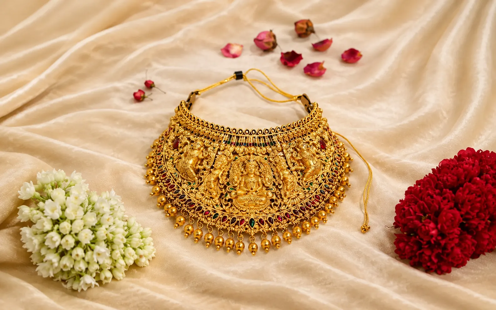 Gold temple-style choker with Lakshmi motif on cream silk
